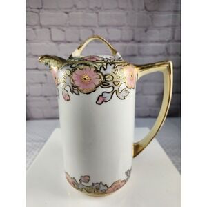 Antique 1908 Nippon Chocolate Pot w/ Lid Floral Pink Blue Green Gold Trim Accent